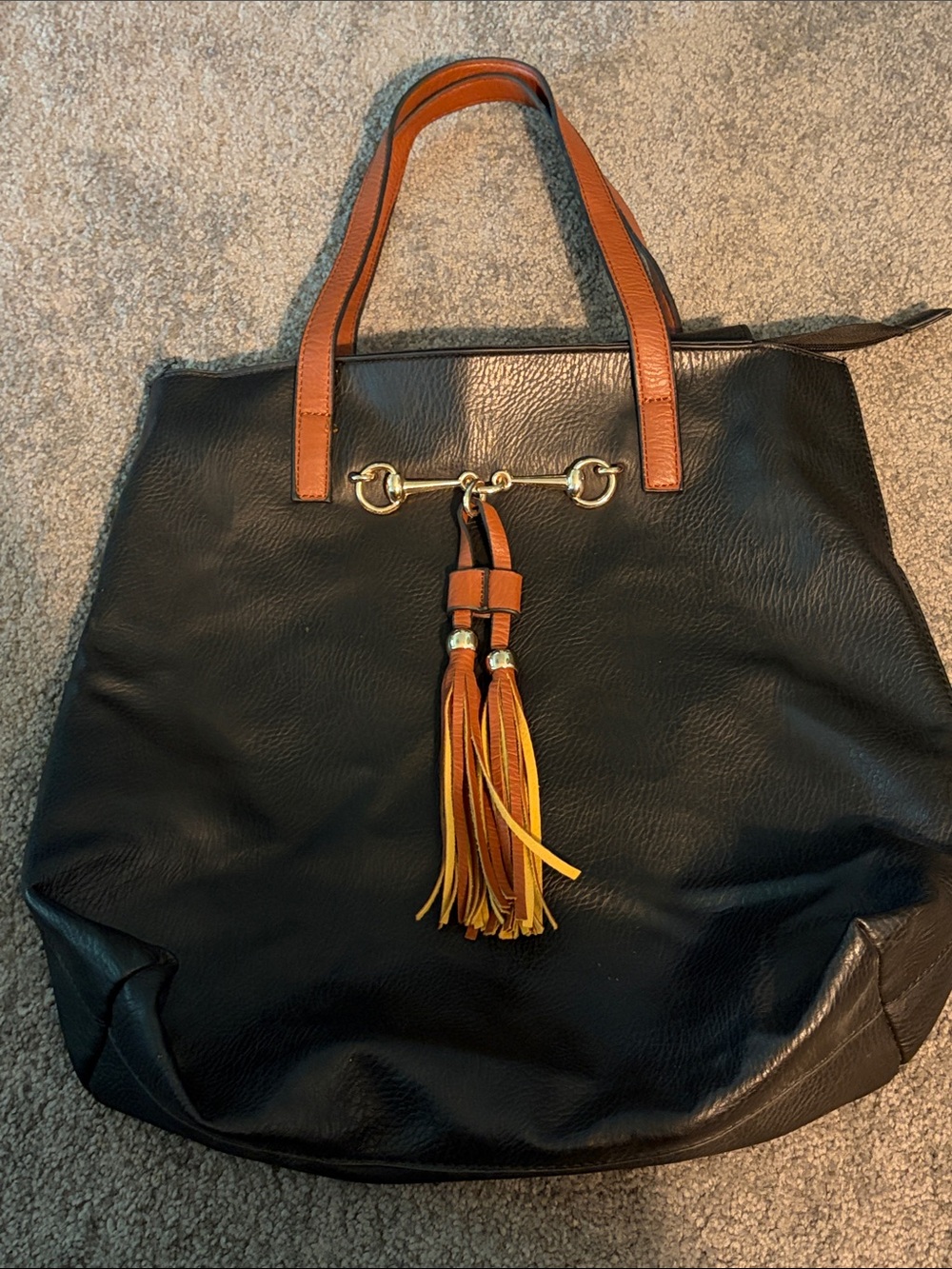 Liz Soto Jane Vegan Black Tote Bag with Brown Handles and Tassel